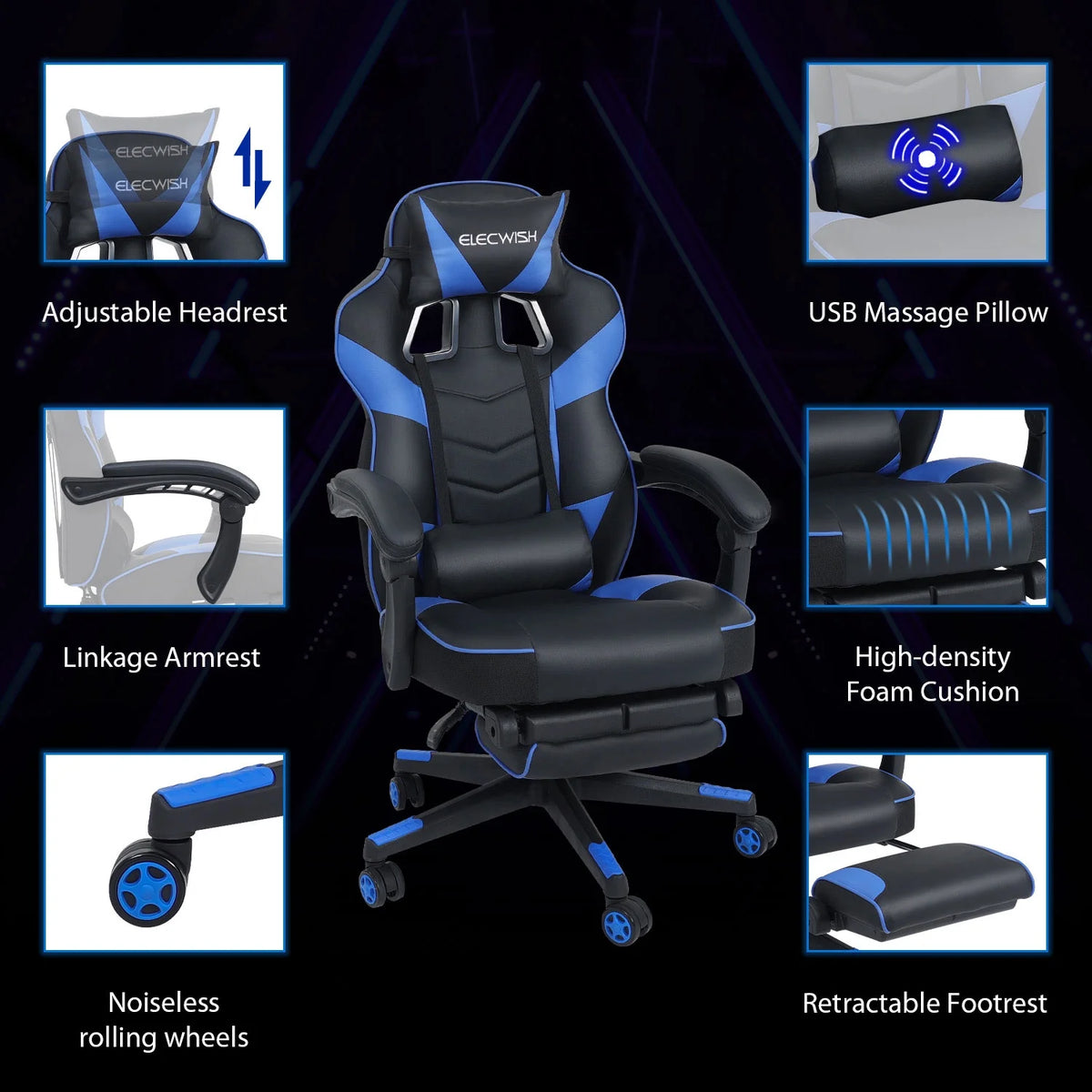 Blue PU Leather Reclining Gaming Chair with Footrest and Massage Lumbar Pillow Y138886